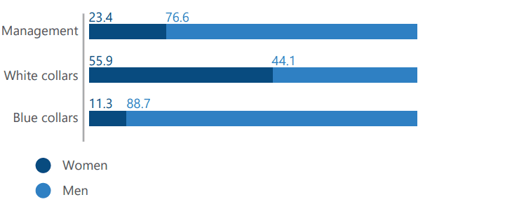 Staff breakdown by gender in 2020, %